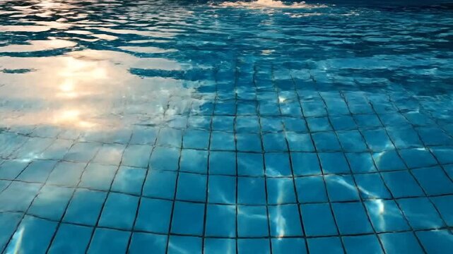 Clear blue water surface with reflections of the sky and sunlight shimmering over tiled pool bottom