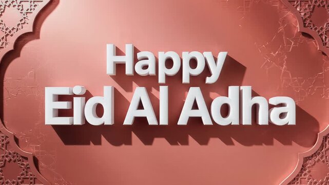 Happy Eid Al Adha greeting card with Islamic architecture background and 3D text