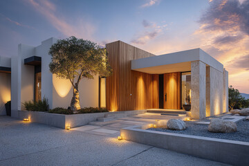 Fototapeta premium Modern minimalist villa exterior at dusk with warm ambient lighting, wooden paneling, stone accents, and landscaped garden featuring tree and rocks, creating serene atmosphere