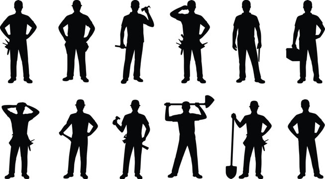 silhouette, construction, workers, tools, hammer, shovel, equipment, labor, maintenance, industry, professional, builder, technician, service, manual, job, activity, working, people, pose