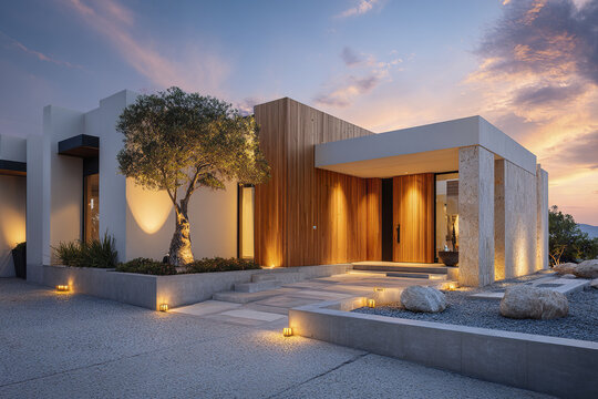 Modern minimalist villa exterior at dusk with warm ambient lighting, wooden paneling, stone accents, and landscaped garden featuring tree and rocks, creating serene atmosphere