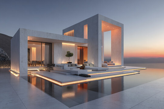 Minimalist villa exterior at dusk with warm ambient lighting and modern architecture featuring clean lines, outdoor seating, and reflective water surfaces creating serene atmosphere