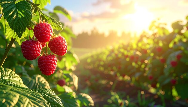 Raspberries growing on a sunny farm.