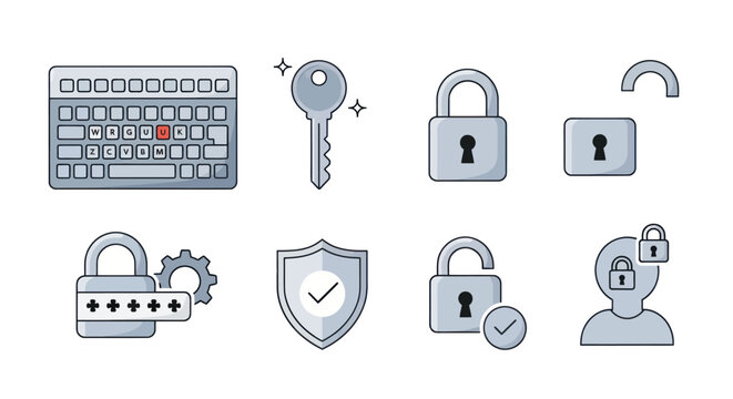 Digital Security Icons: Lock, Key, Shield, Password, Calendar, Unlock, User ID
