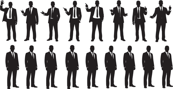 Businessman silhouettes set in various standing and pointing poses wearing suits and ties isolated on white background for corporate office professional presentation design.