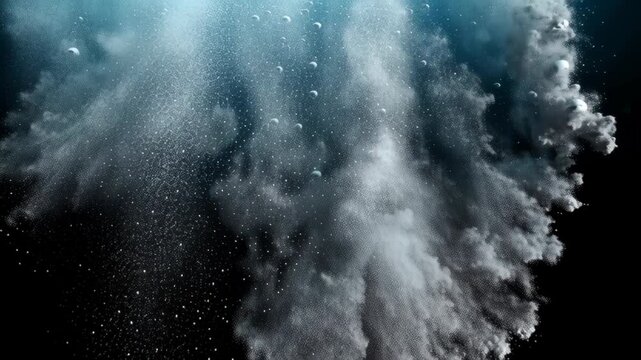 White dust particle cloud black background underwater, dust powder explosion abstract cloud
