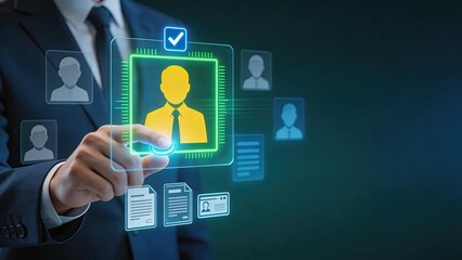 Naklejka premium Businessman selecting verified employee profile on digital interface with holographic icons for identity verificationHR managementrecruitment processsecure access controlcorporate
