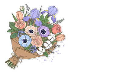 Naklejka premium Elegant floral bouquet illustration with various colorful flowers and copy space