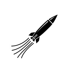 Obraz premium A sleek black silhouette icon of a rocket launching with an exhaust trail, symbolizing space travel, innovation, progress, speed, and ambition.