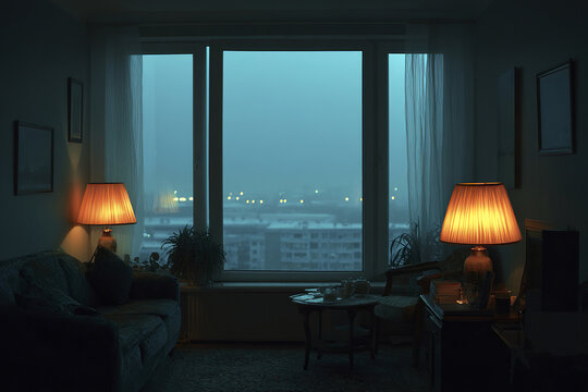 Evening blue hour apartment interior with warm glowing lamps, cozy sofa, small table, and large window showing city lights in cool tones creating calm and peaceful atmosphere