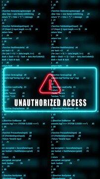 unauthorized access warning hacked mobile phone screen. Error signal loop. Virus code and software hack concept. Cyber security. Vertical video footage