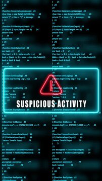 suspicious activity warning hacked mobile phone screen. Error signal loop. Virus code and software hack concept. Cyber security. Vertical video footage