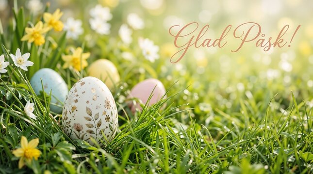 Glad P&aring;sk Swedish Easter text, bright natural seasonal scene