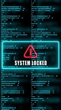system locked warning hacked mobile phone screen. Error signal loop. Virus code and software hack concept. Cyber security. Vertical video footage