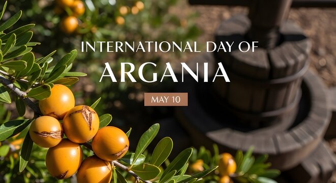 Celebration of international day of argania on may 10 with fresh argan nuts on a tree branch
