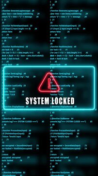 SYSTEM LOCKED warning hacked mobile phone screen. Error signal loop. Virus code and software hack concept. Cyber security. Vertical video footage