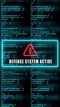 defense system active warning hacked mobile phone screen. Error signal loop. Virus code and software hack concept. Cyber security. Vertical video footage
