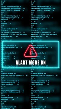 ALART MODE ON warning hacked mobile phone screen. Error signal loop. Virus code and software hack concept. Cyber security. Vertical video footage