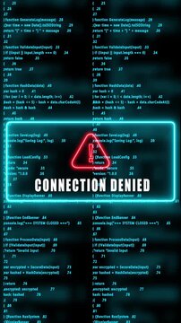 CONNECTION DENIED warning hacked mobile phone screen. Error signal loop. Virus code and software hack concept. Cyber security. Vertical video footage