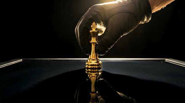Hand placing gold chess king for checkmate on black board, active leadership and strategy win concept
