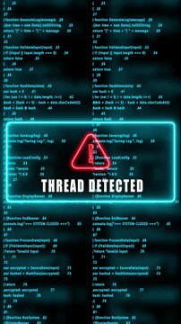 THREAD DETECTED warning hacked mobile phone screen. Error signal loop. Virus code and software hack concept. Cyber security. Vertical video footage