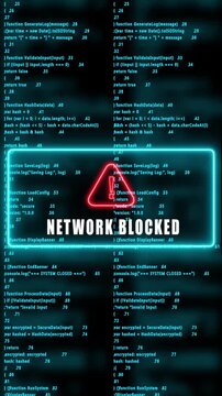 NETWORK BLOCKED warning hacked mobile phone screen. Error signal loop. Virus code and software hack concept. Cyber security. Vertical video footage
