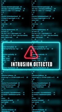 INTRUSION DETECTED warning hacked mobile phone screen. Error signal loop. Virus code and software hack concept. Cyber security. Vertical video footage