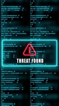 THREAT FOUND warning hacked mobile phone screen. Error signal loop. Virus code and software hack concept. Cyber security. Vertical video footage