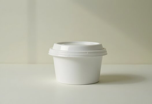 Clean isolated photo of a small white plastic container with lid. Versatile minimalist packaging for food, sauces, samples, product mockups, and presentations