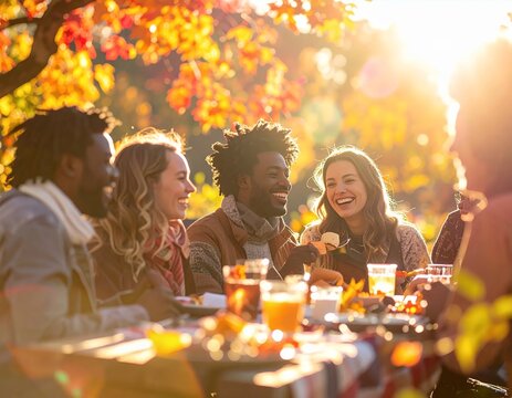 Diverse Friends Enjoying Outdoor Autumn Meal with Golden Sunlight.