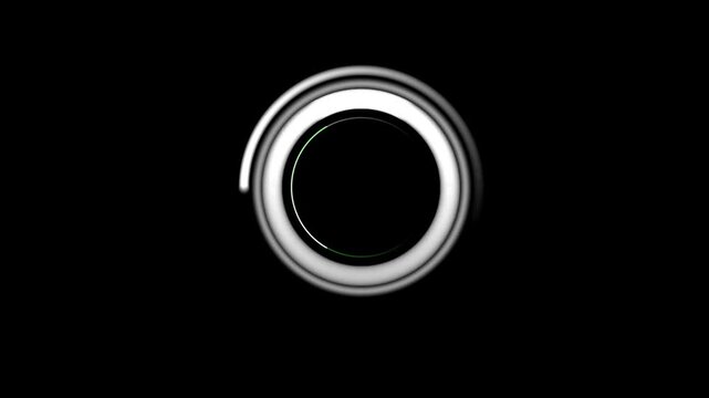 Shiny metallic circular ring on black background, abstract graphic element.