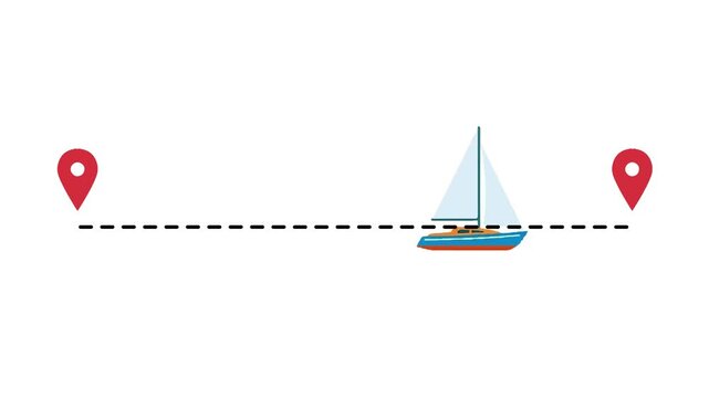 Sailboat journey along a dotted route between two travel markers.