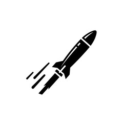 Obraz premium Black silhouette icon of a rocket launching or flying with motion trails, symbolizing speed, startup, technology, or space exploration. Simple vector graphic on white.