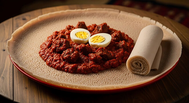 Hearty Ethiopian dish featuring doro wat with boiled eggs and injera bread.