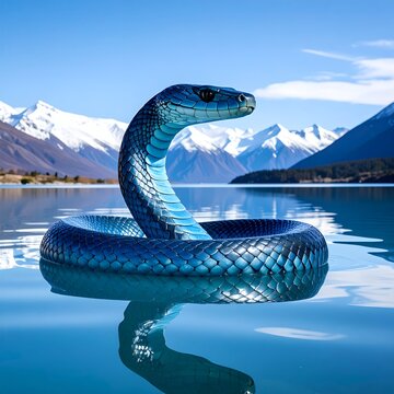 Majestic Blue Serpent Rises from Serene Lake with Snow-Capped Mountains.