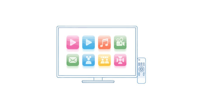 Smart TV with app icons and remote control on white background