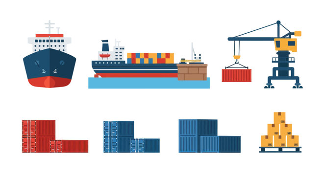 Cargo Ships, Containers, and Crane - Shipping and Logistics Vector Icons Set