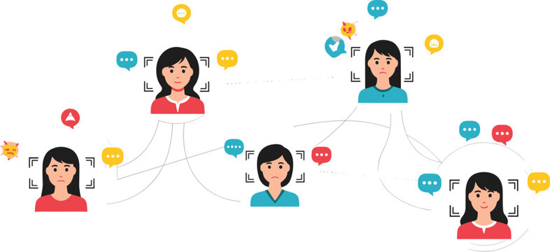 Social emotion network vector with user avatars, facial recognition frames, chat messages, sentiment interaction and digital communication connections illustration