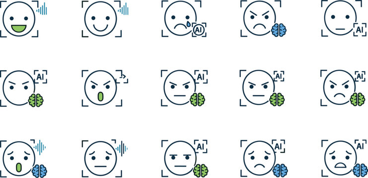 AI emotion detection icon set vector with facial expressions, sentiment analysis symbols, mood recognition faces and machine learning UI elements collection
