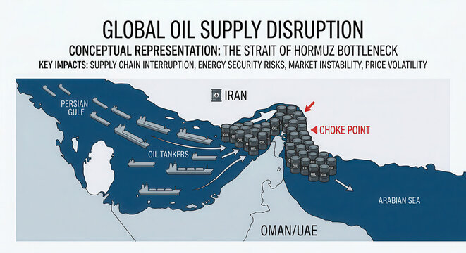 Conceptual map illustrating the global oil supply disruption through the Strait of Hormuz bottleneck between Iran and Oman or the UAE