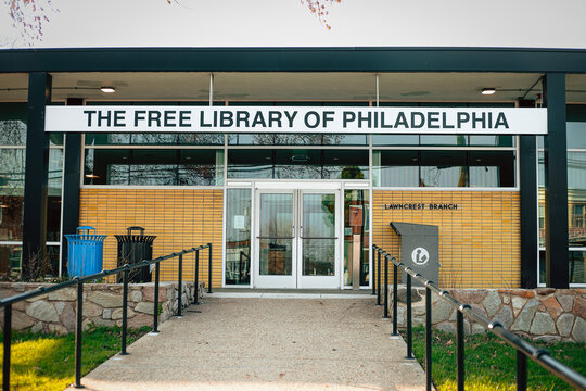 Facade of the Free Library of Philadelphia in the Lawncrest neighborhood of Philadelphia, Pennsylvania, USA, March 31, 2026.