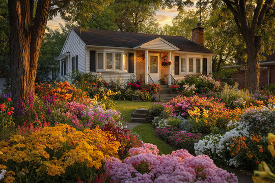 Cozy suburban home surrounded by vibrant colorful flower garden in late afternoon light with lush green lawn and large trees creating peaceful and inviting atmosphere