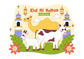 Fototapeta premium Eid Al Adha Vector Illustration Featuring Muslim Children, Mosque Background, Sheep Sacrifice Symbol, and Islamic Holiday Celebration Design