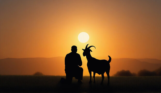 Eid-ul-Adha Concept Silhouette of a Man with a Sacrificial Goat at Sunset,Islamic Festival Tradition: Man Praying next to a Goat during Qurbani Season,Peaceful Evening Silhouette: Person and Live
