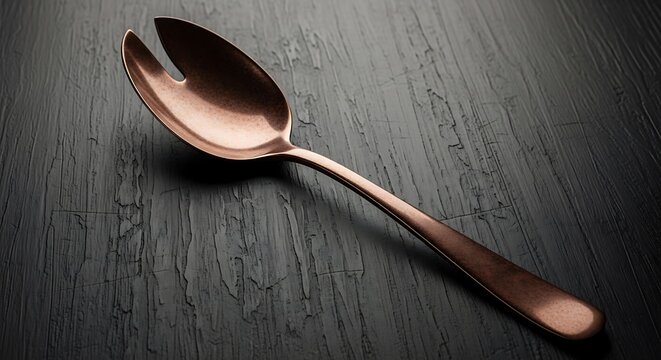 Elegant serving spoon in copper finish on rustic dark background