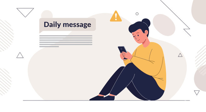 Woman with phone gets daily message notification with warning icon