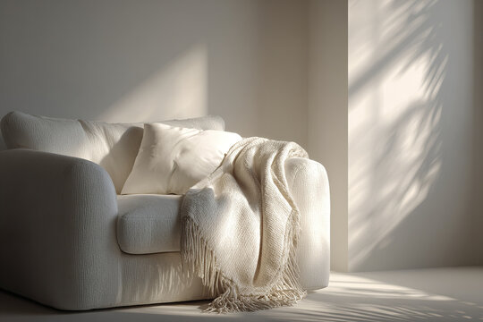 Cozy white armchair with soft cushion and textured throw blanket in minimalist room softly lit by natural sunlight creating warm and inviting atmosphere