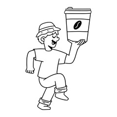 Man Carrying Oversized Coffee Cup Illustration with Hand Drawn Black Line Vector Style