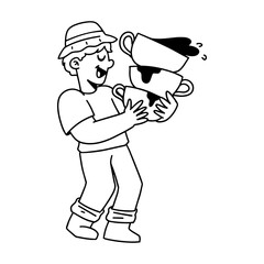 Man Balancing Stack of Multiple Takeaway Coffee Cups Hand Drawn Doodle Style Illustration