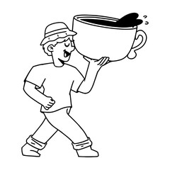 Male Character Holding Large Glass of Iced Coffee Hand Drawn Vector Line Art